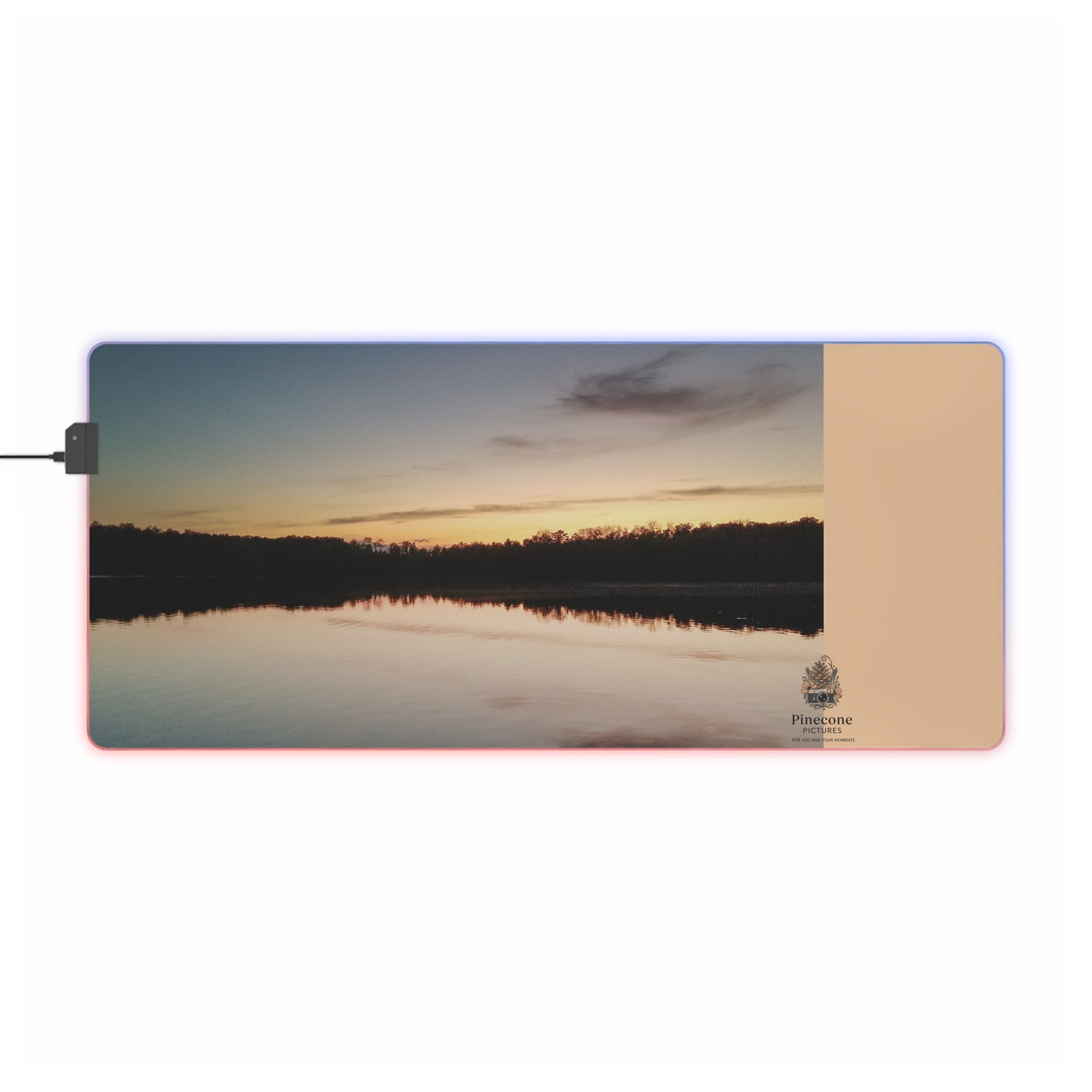 LED Gaming Mouse Pad — RGB Large Desk Mat with Sunset Lake Print