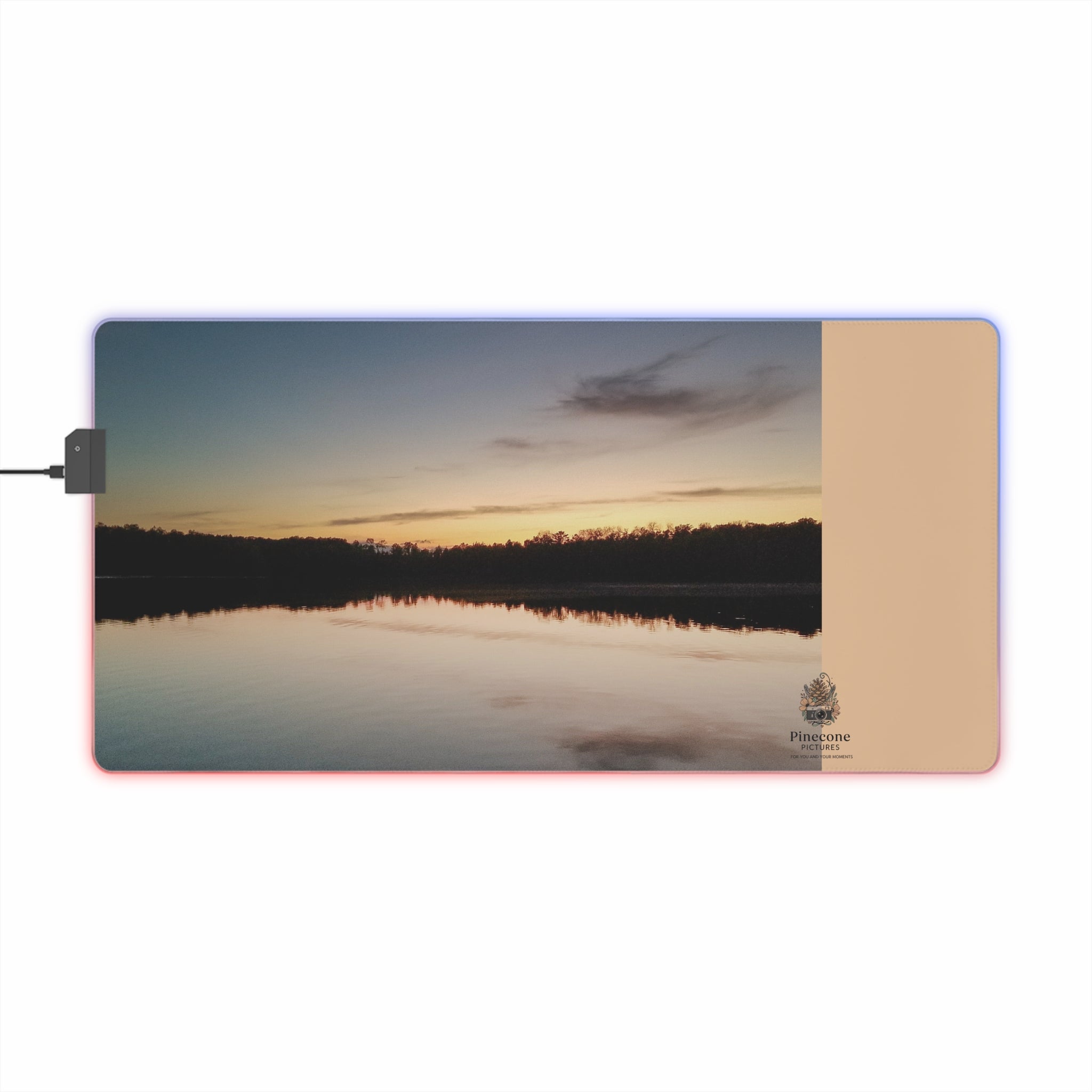 LED Gaming Mouse Pad — RGB Large Desk Mat with Sunset Lake Print
