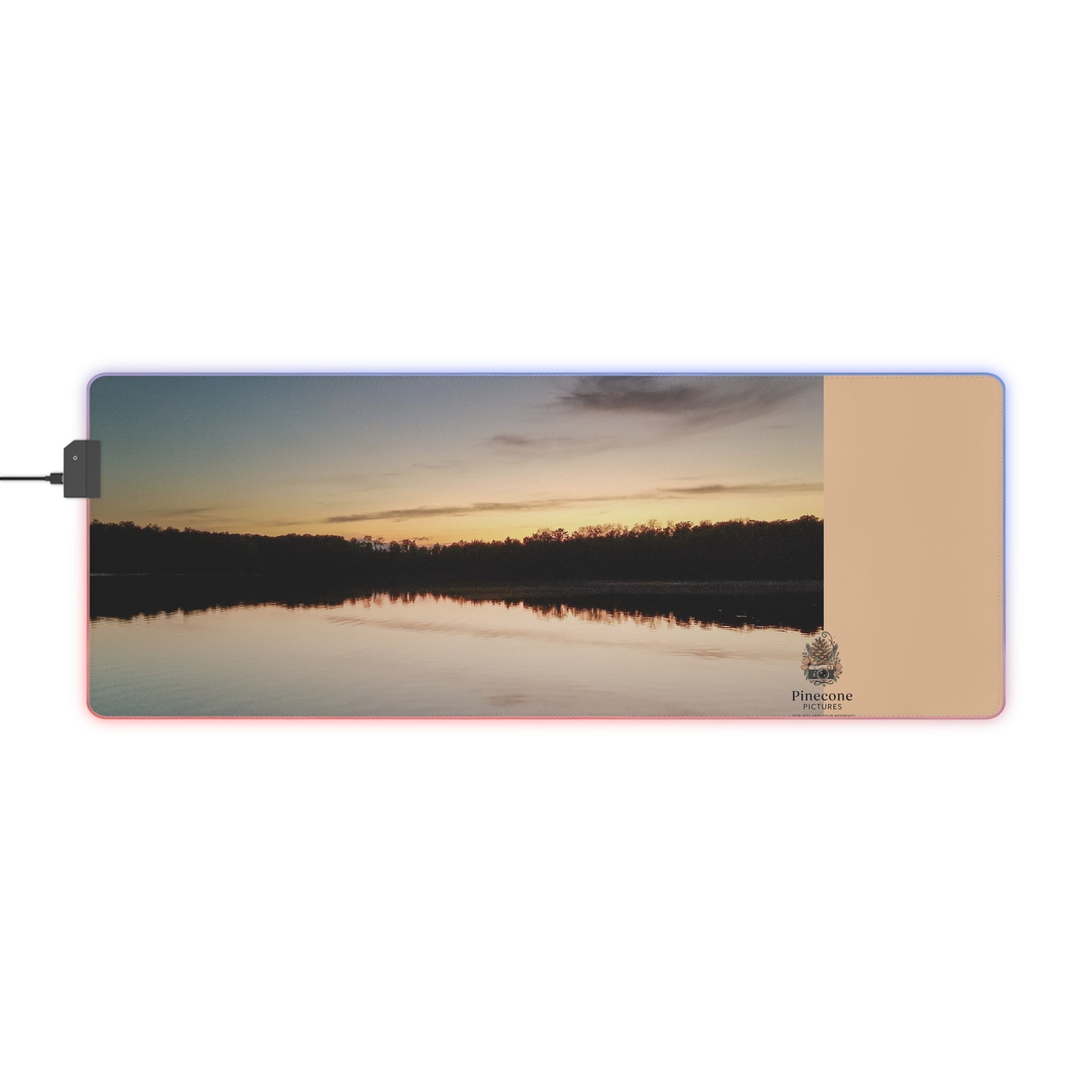 LED Gaming Mouse Pad — RGB Large Desk Mat with Sunset Lake Print