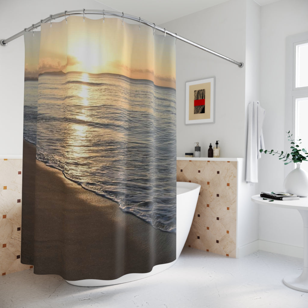 Sunset Beach Shower Curtain — Coastal Ocean Waves Bathroom Decor