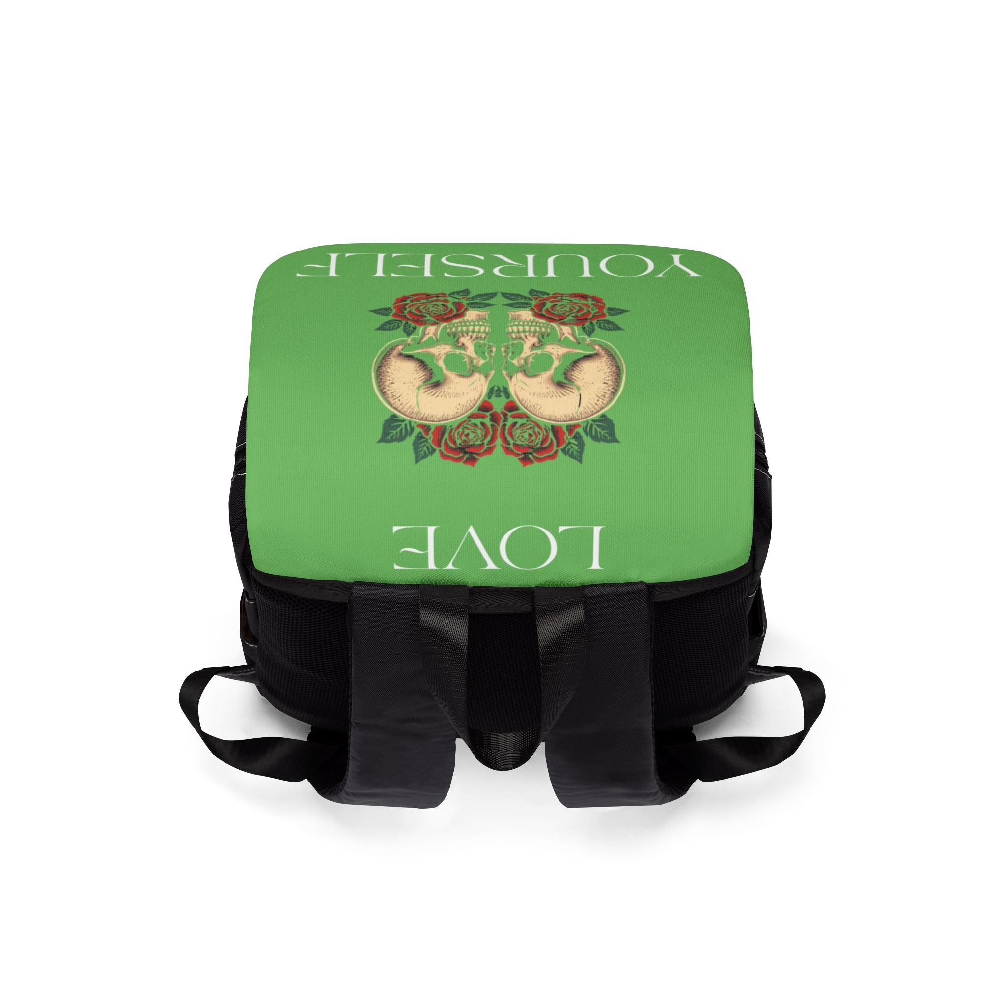 Green Skull & Roses Backpack — "Yourself" Motivational Shoulder Bag