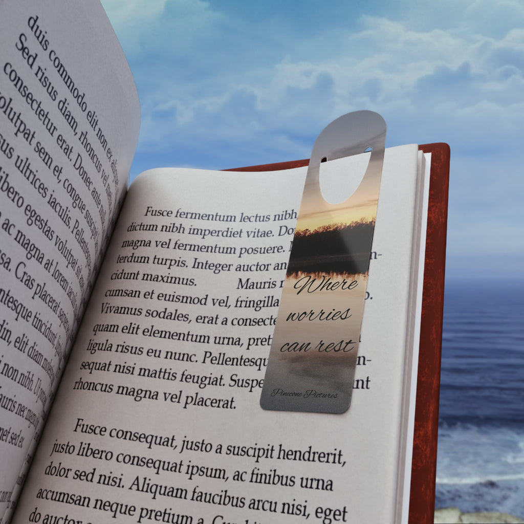 Serene Sunset Metal Bookmark – "Where worries can rest" Inspirational Bookmarker