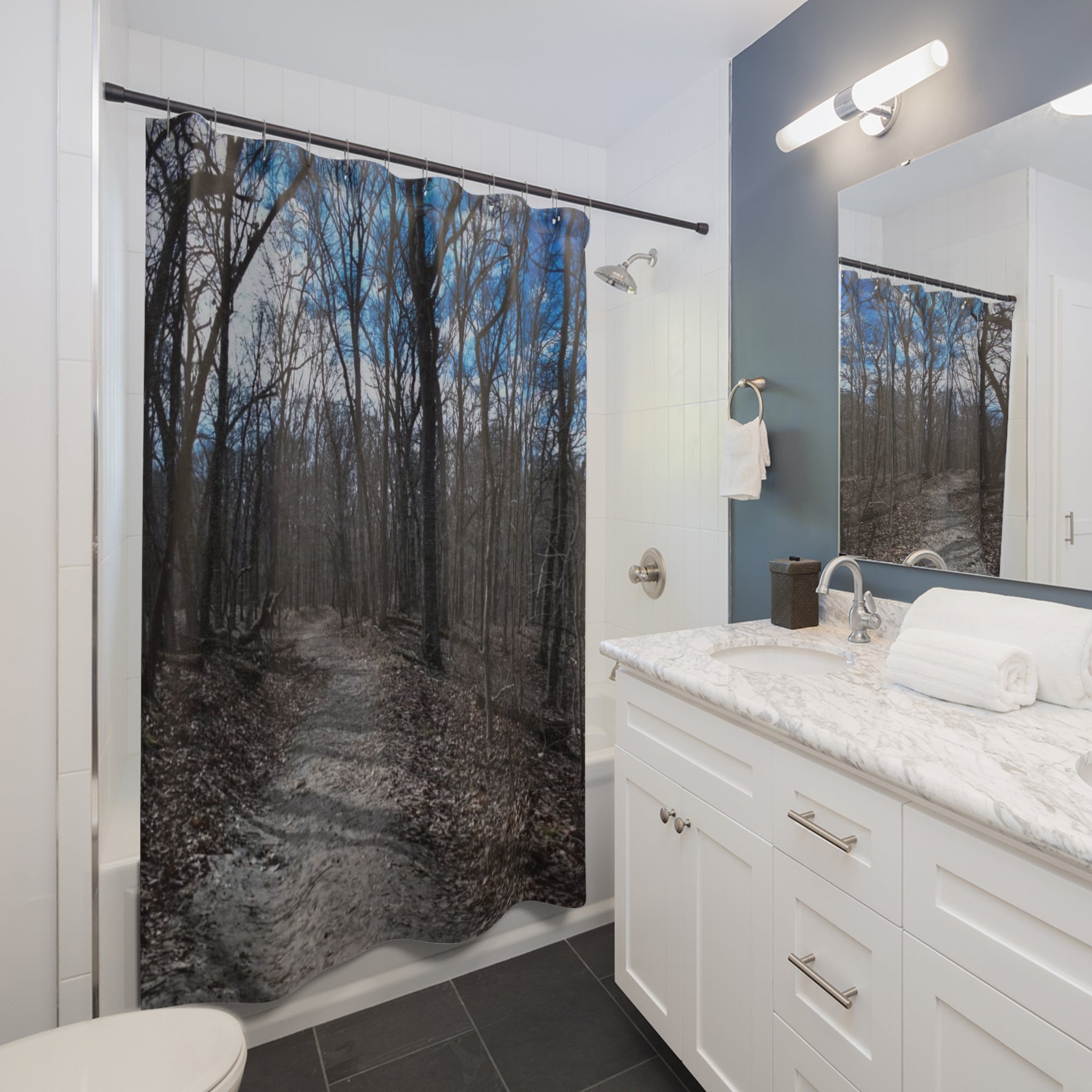 Forest Path Shower Curtain – Moody Woodland Bathroom Décor