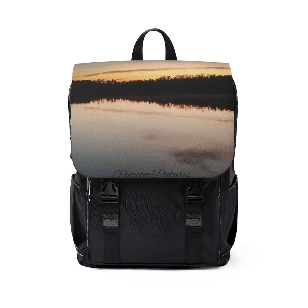 Sunset Lake Flap Backpack — Scenic Nature Shoulder Bag
