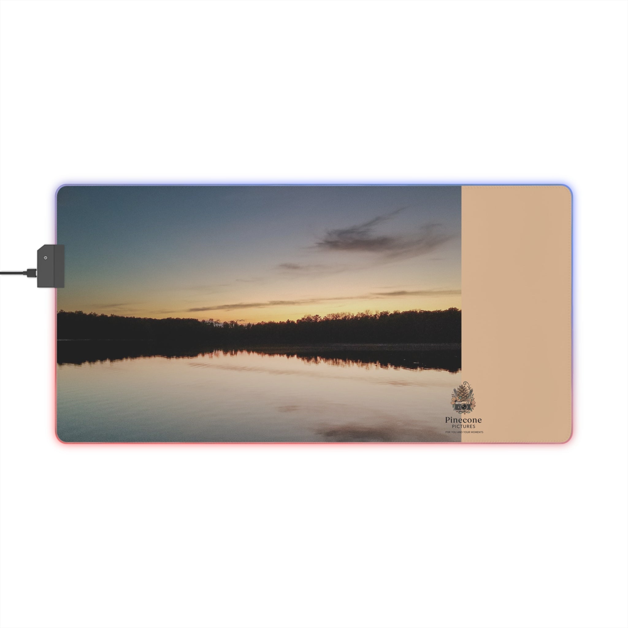LED Gaming Mouse Pad — RGB Large Desk Mat with Sunset Lake Print