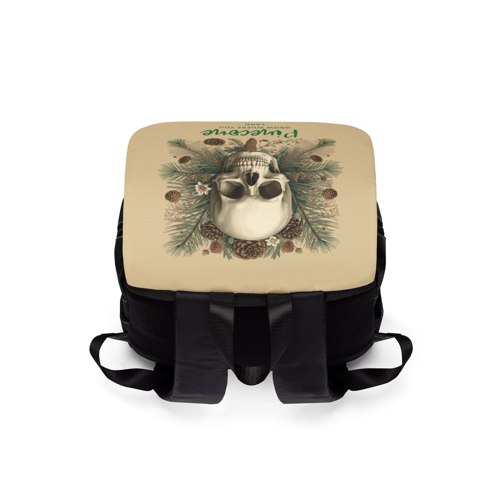 Skull & Pinecone Canvas Backpack — "Pinecone: Grow Where You Land"