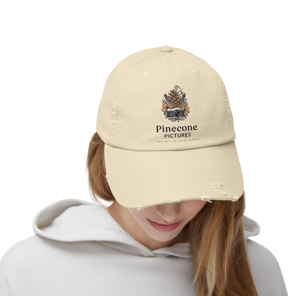 Pinecone Pictures Distressed Cap — Vintage Camera Logo Baseball Hat