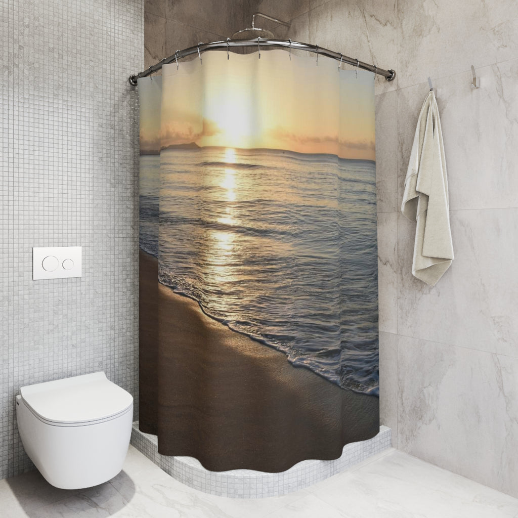 Sunset Beach Shower Curtain — Coastal Ocean Waves Bathroom Decor