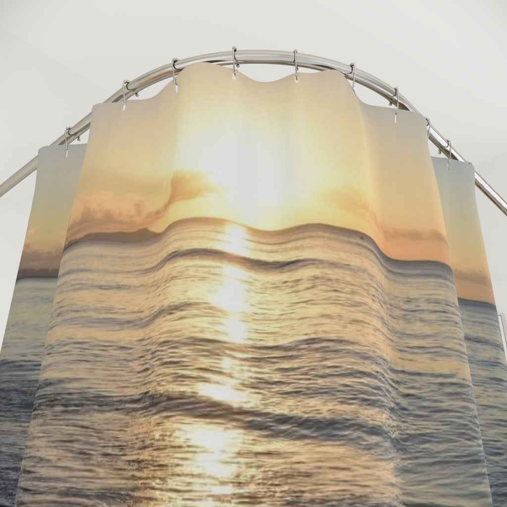 Sunset Beach Shower Curtain — Coastal Ocean Waves Bathroom Decor