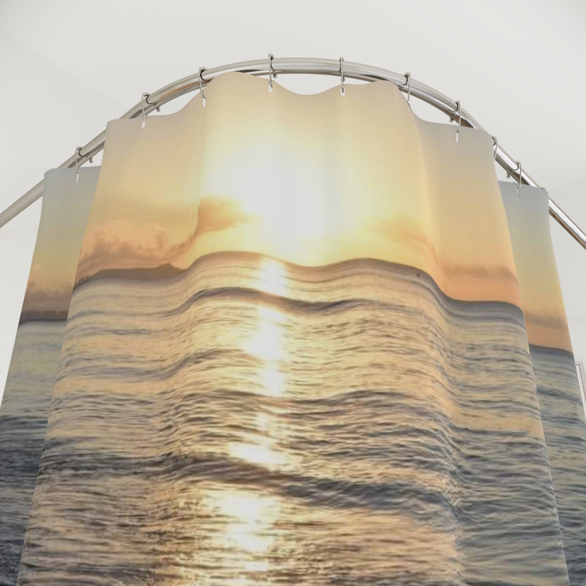 Sunset Beach Shower Curtain — Coastal Ocean Waves Bathroom Decor
