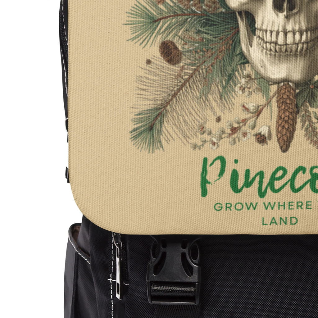 Skull & Pinecone Canvas Backpack — "Pinecone: Grow Where You Land"