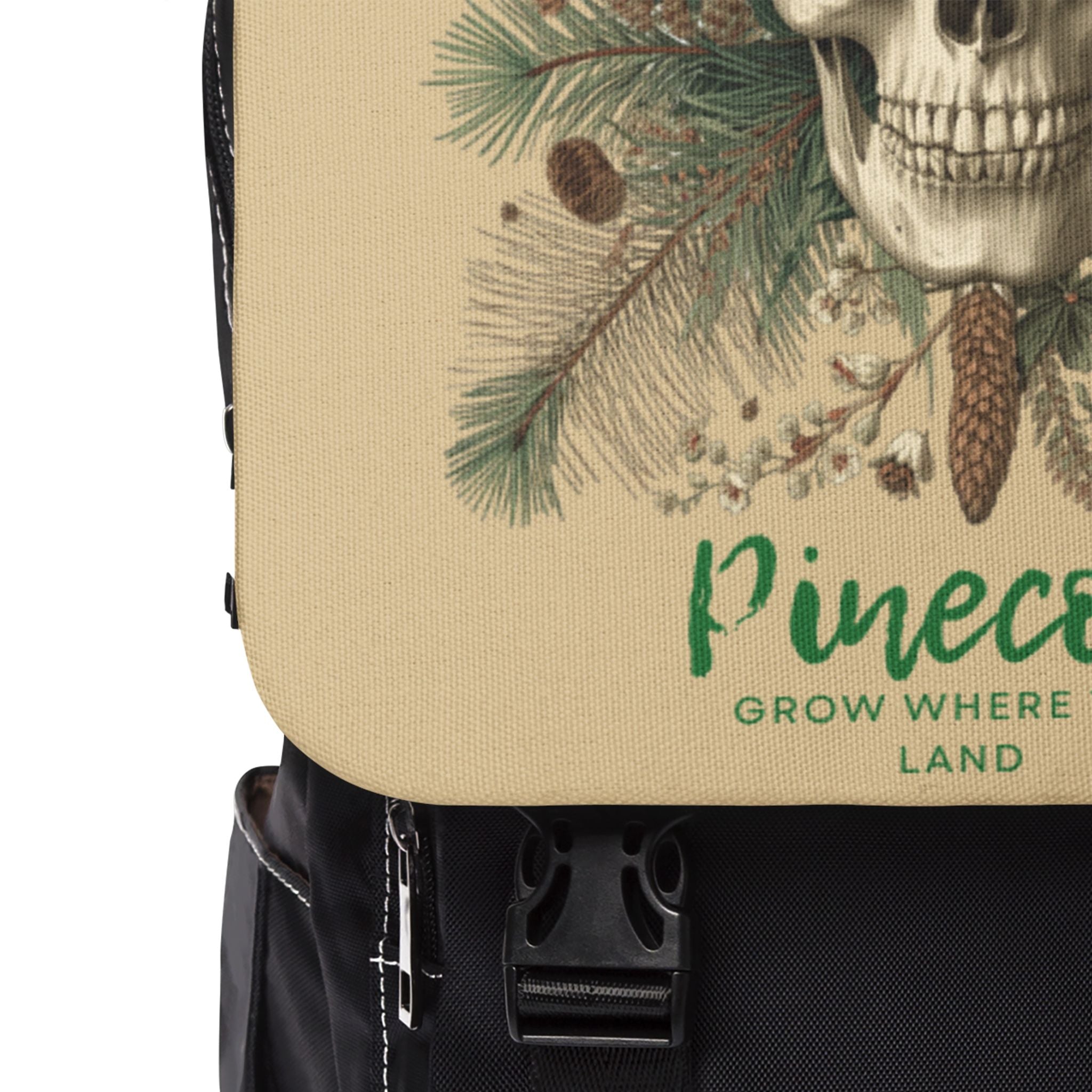 Skull & Pinecone Canvas Backpack — "Pinecone: Grow Where You Land"