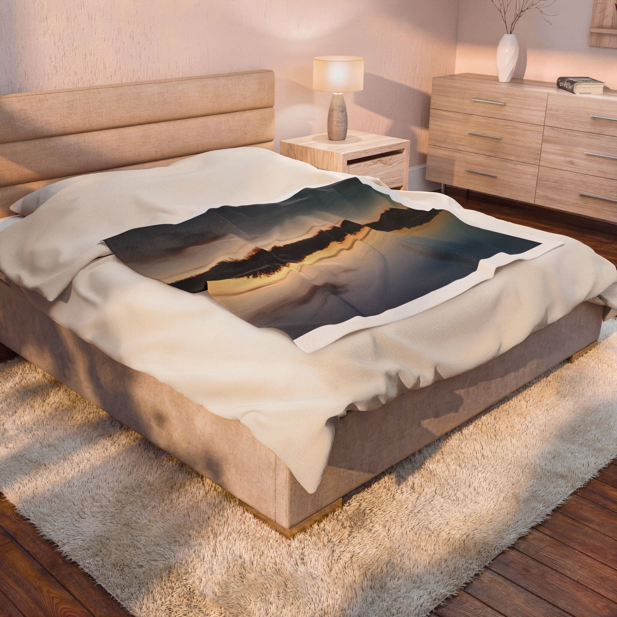 Sunset Reflection Velveteen Plush Blanket — Cozy Lake Scenery Throw