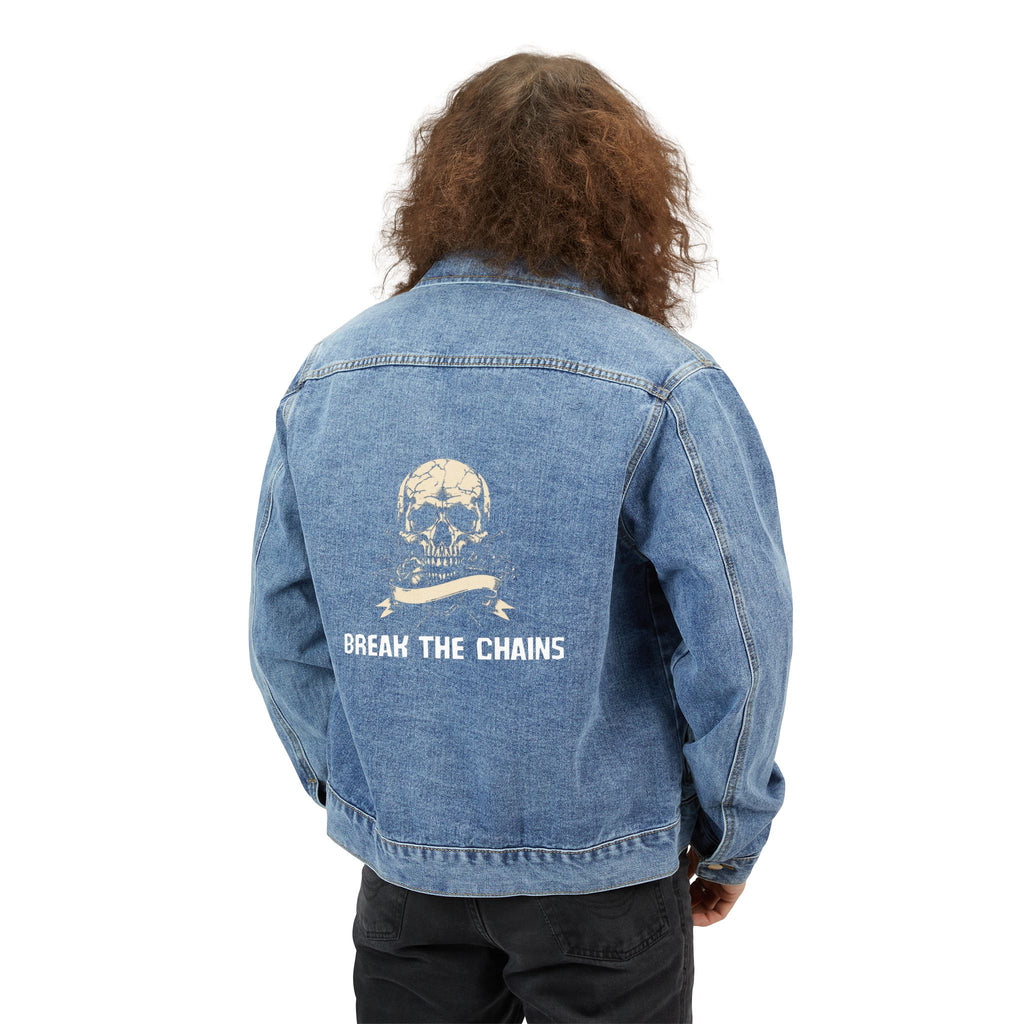 Skull & Crossbones 'Break The Chains' Denim Jacket - Men's Retro Distressed Jean Jacket