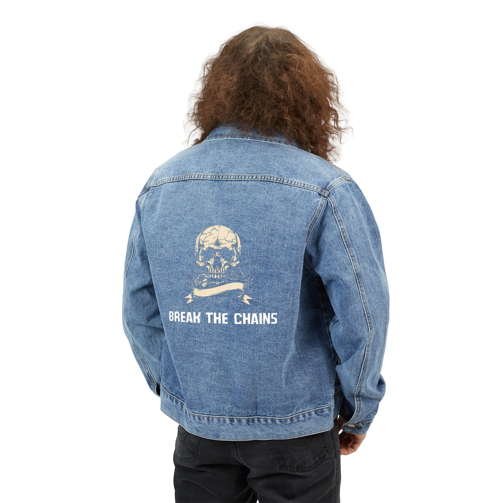 Skull & Crossbones 'Break The Chains' Denim Jacket - Men's Retro Distressed Jean Jacket
