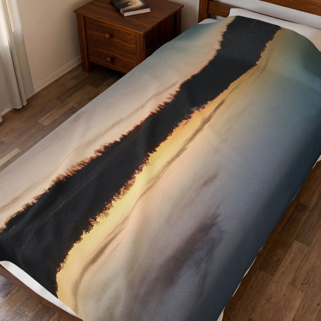 Sunset Reflection Velveteen Plush Blanket — Cozy Lake Scenery Throw
