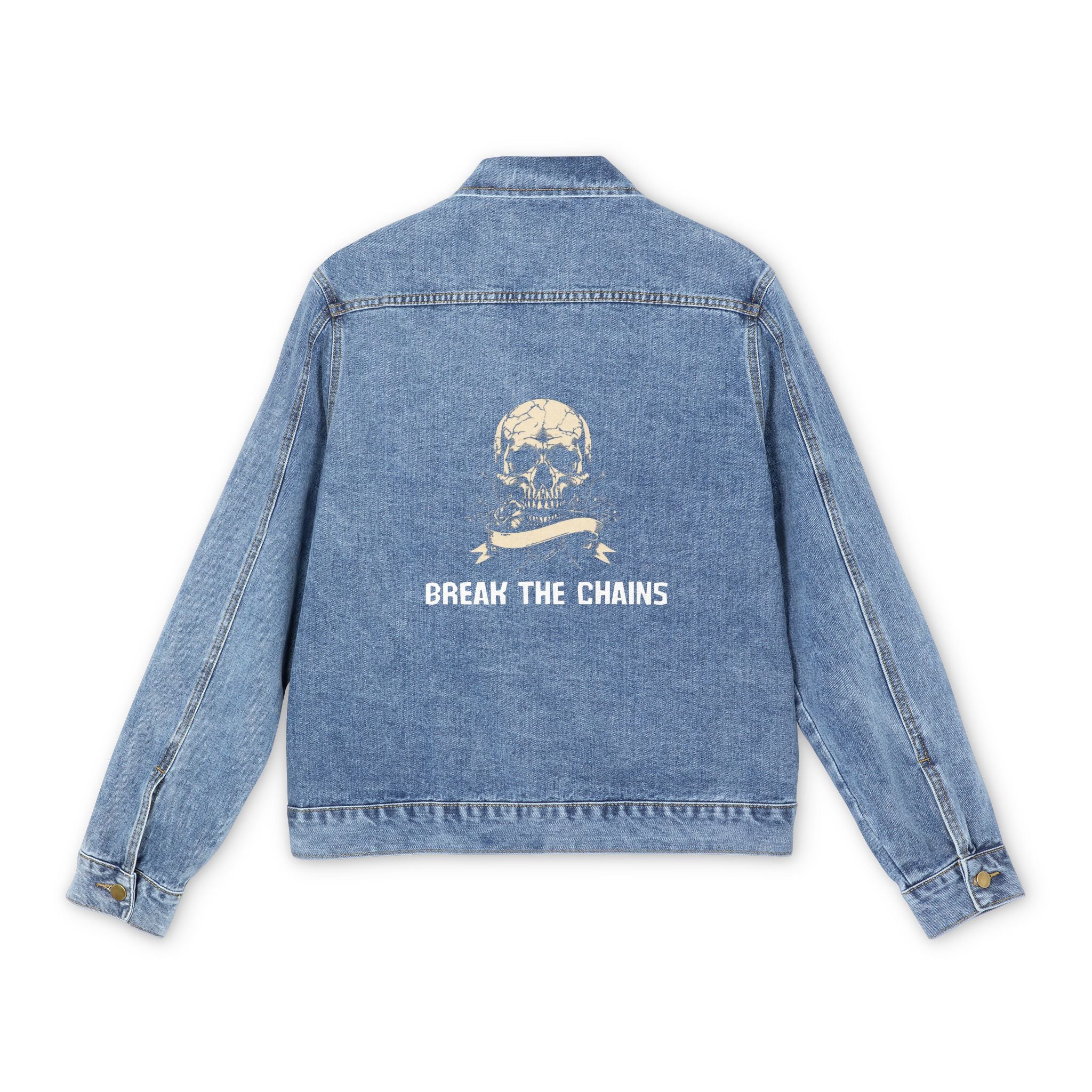 Skull & Crossbones 'Break The Chains' Denim Jacket - Men's Retro Distressed Jean Jacket
