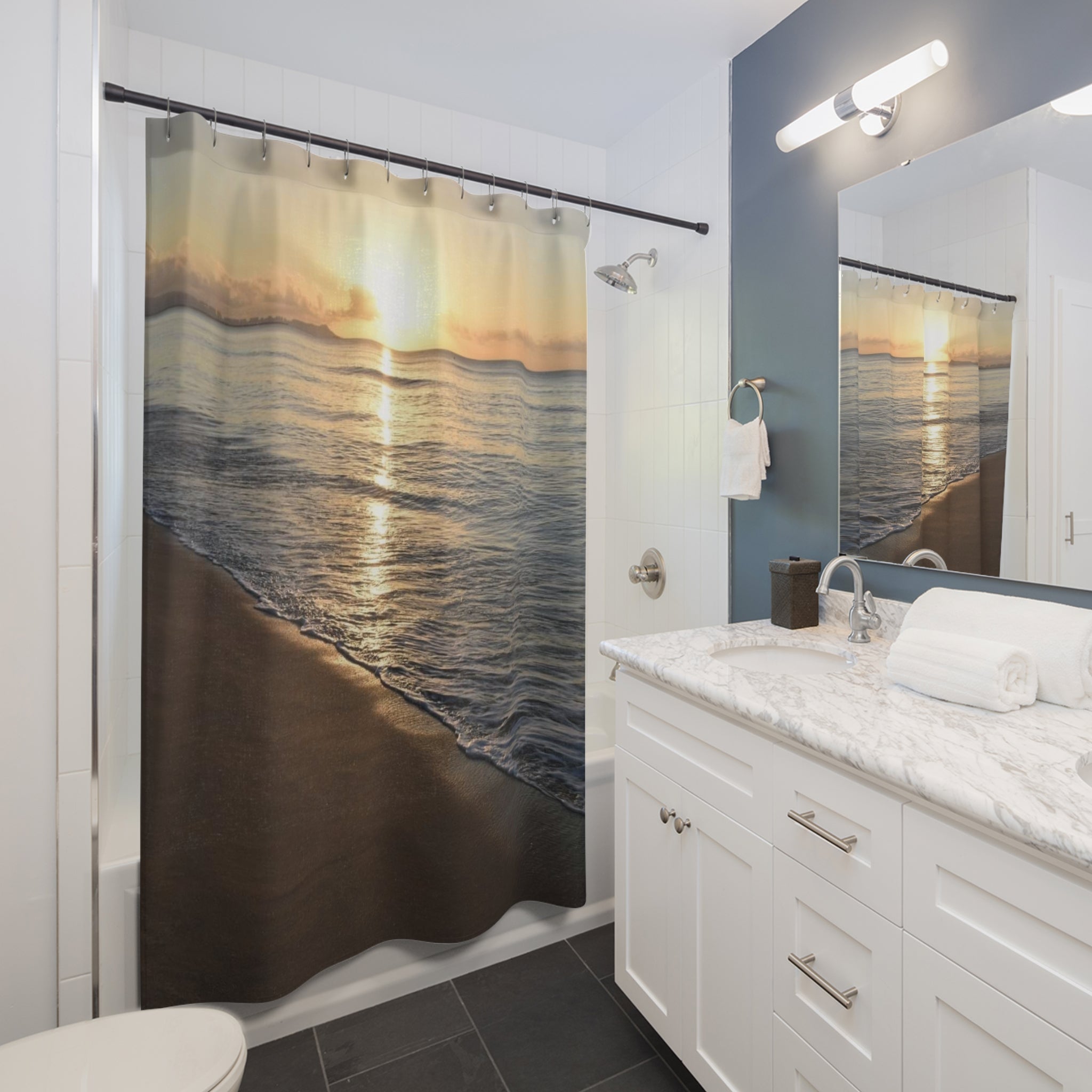Sunset Beach Shower Curtain — Coastal Ocean Waves Bathroom Decor