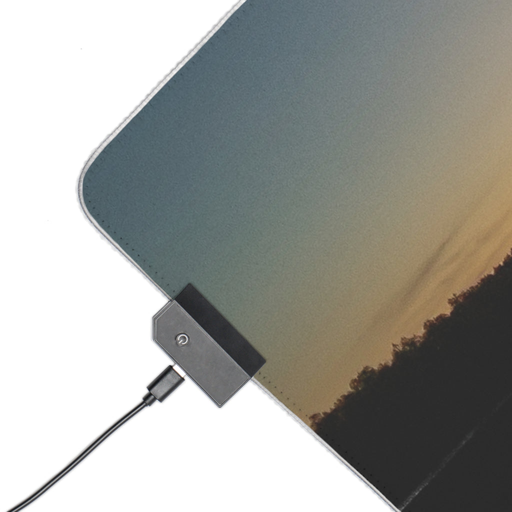 LED Gaming Mouse Pad — RGB Large Desk Mat with Sunset Lake Print