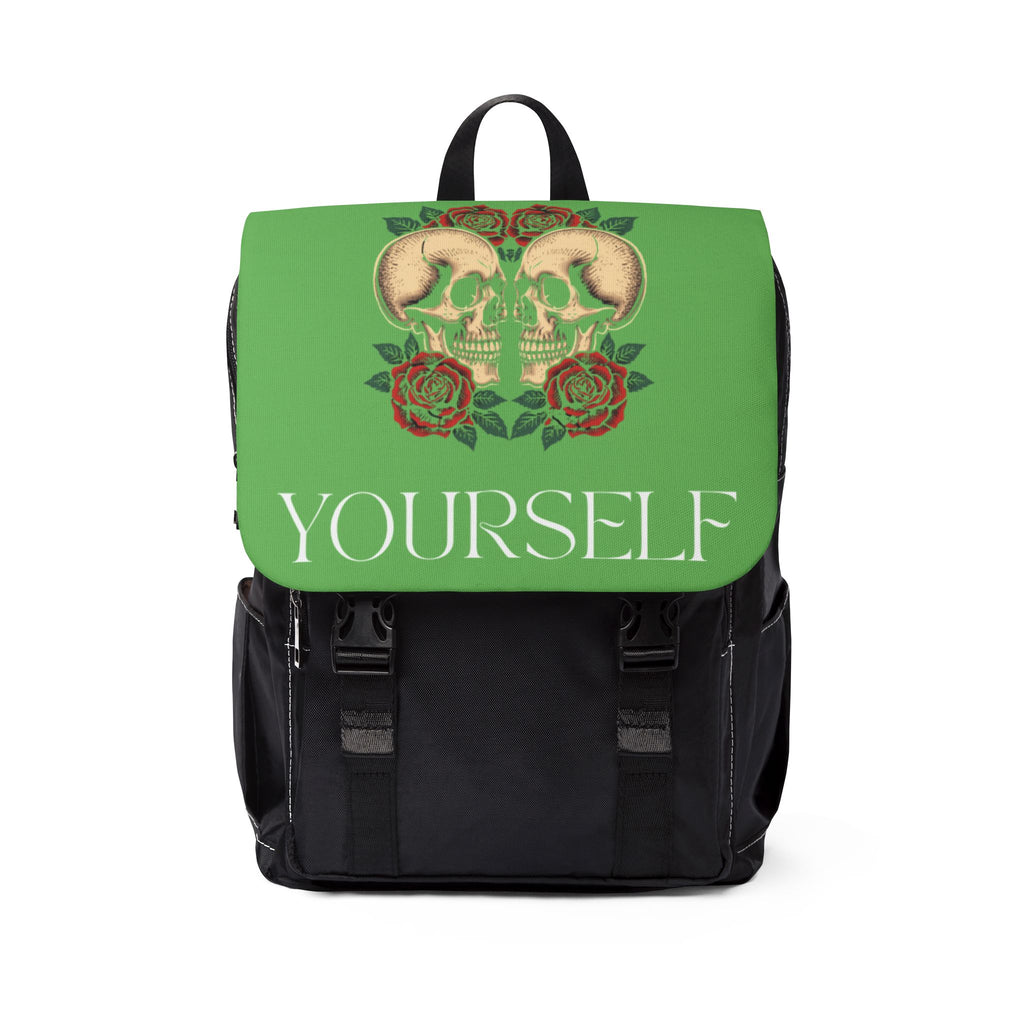 Green Skull & Roses Backpack — "Yourself" Motivational Shoulder Bag