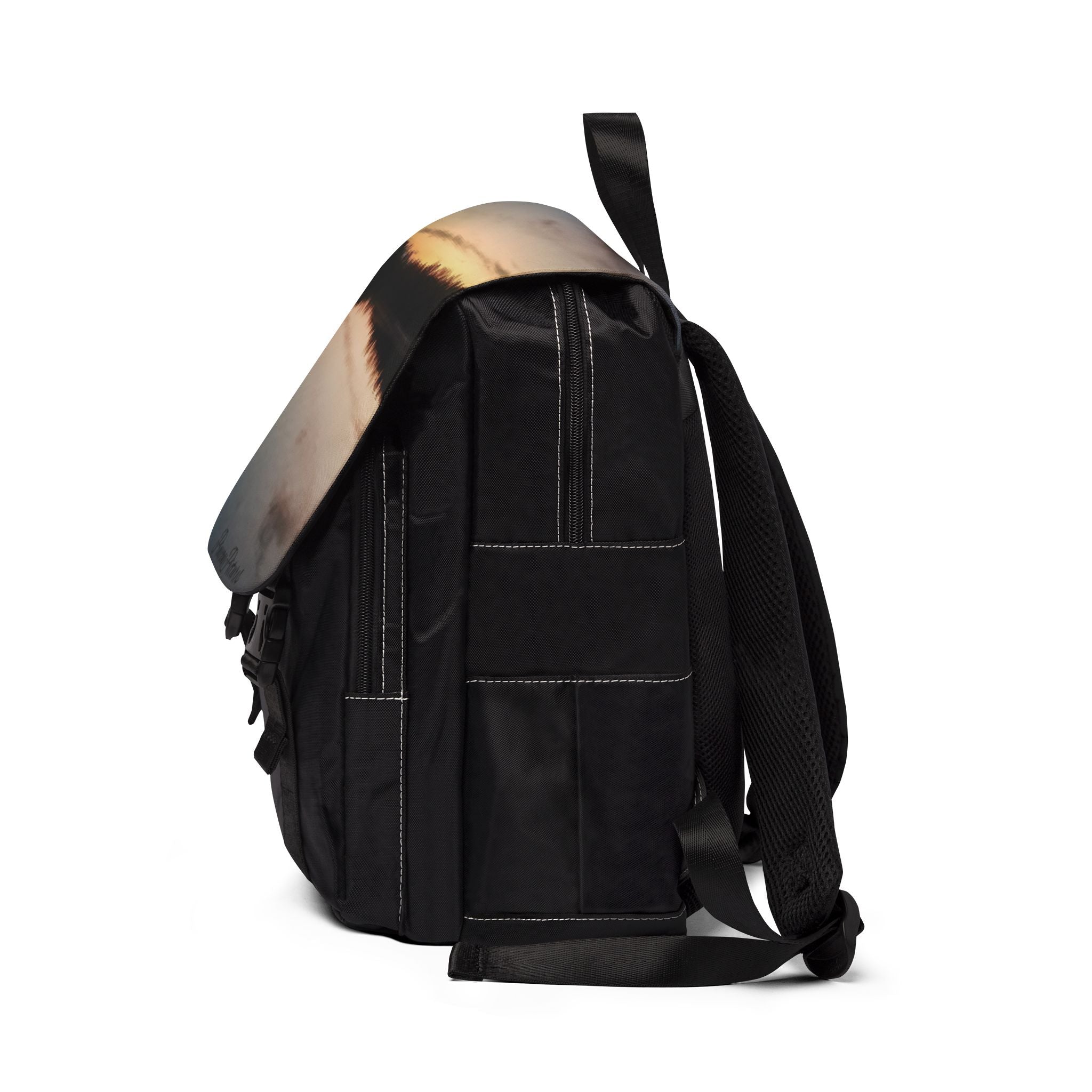 Sunset Lake Flap Backpack — Scenic Nature Shoulder Bag