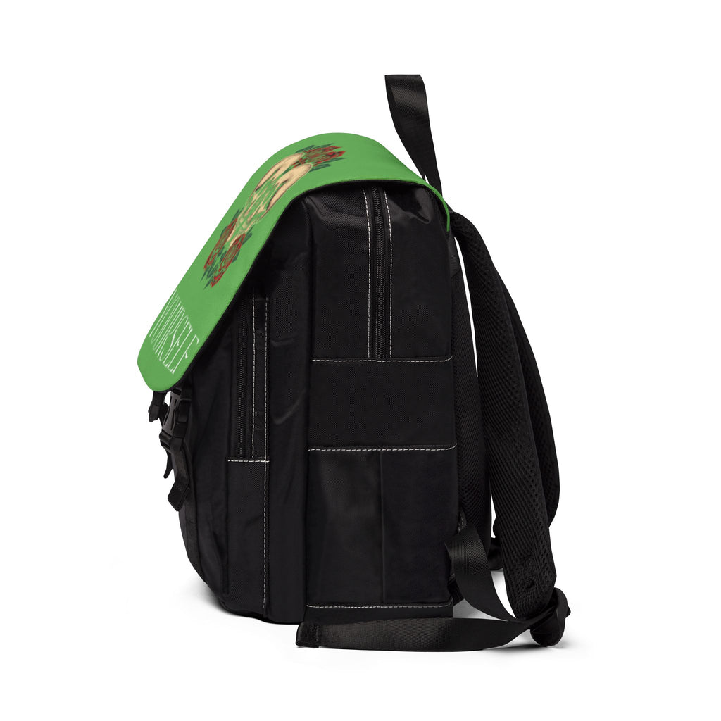 Green Skull & Roses Backpack — "Yourself" Motivational Shoulder Bag